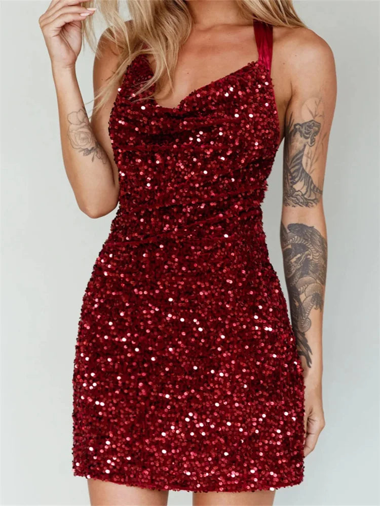 Sequin Halter Neck Ruched Bodycon Mini Dress - View 5