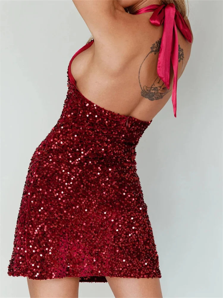 Sequin Halter Neck Ruched Bodycon Mini Dress - View 4