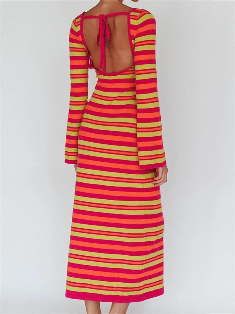 Crew Neck Flare Sleeve Striped Bodycon Maxi Dress 5