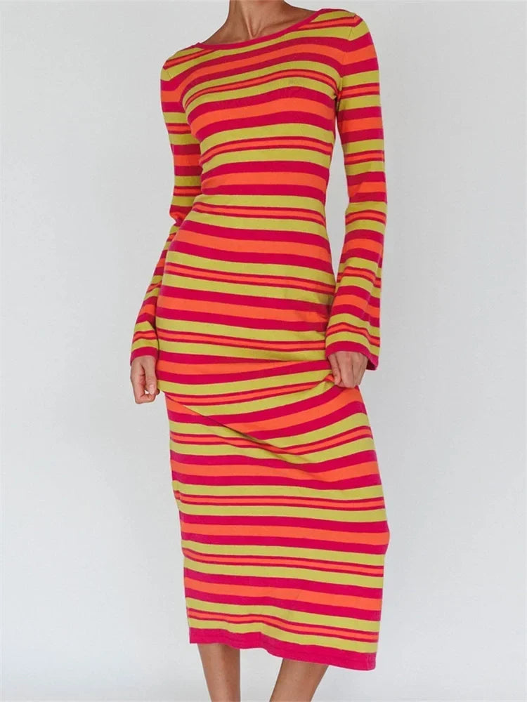 Crew Neck Flare Sleeve Striped Bodycon Maxi Dress 6