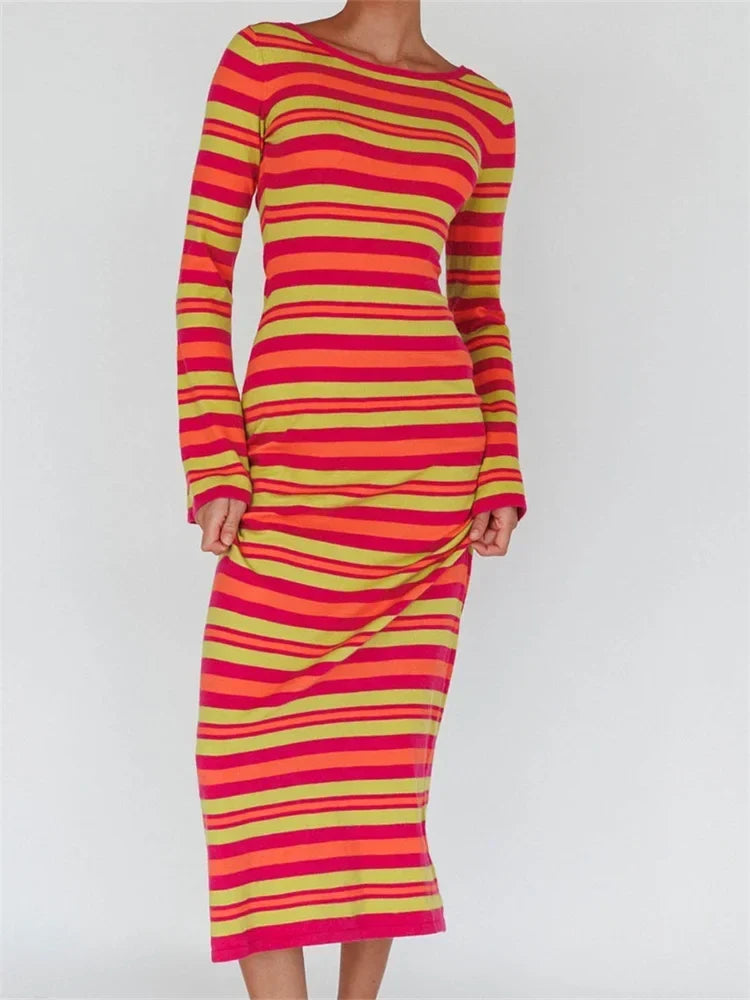 Crew Neck Flare Sleeve Striped Bodycon Maxi Dress 4