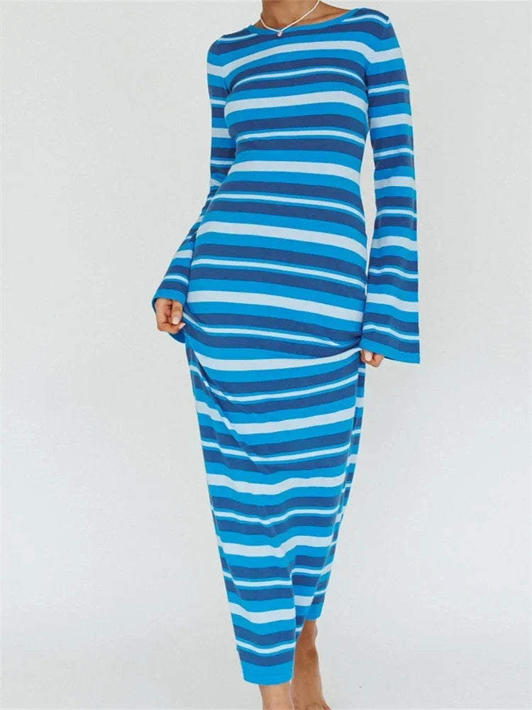 Crew Neck Flare Sleeve Striped Bodycon Maxi Dress 7