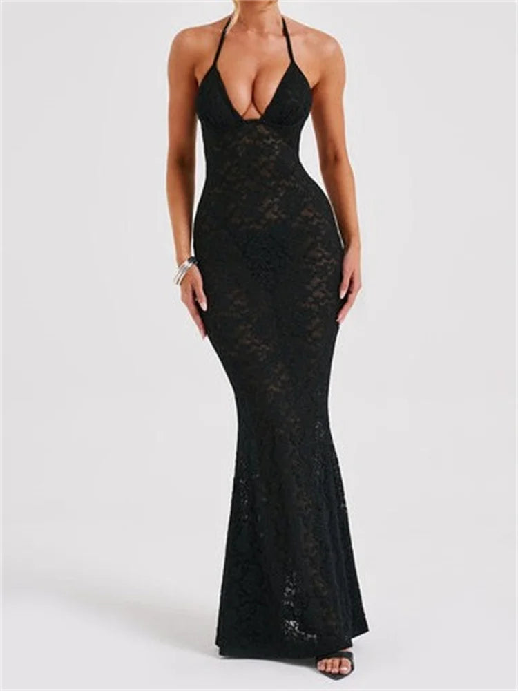 Off-Shoulder Deep V-Neck Lace Sheer Mesh Dress