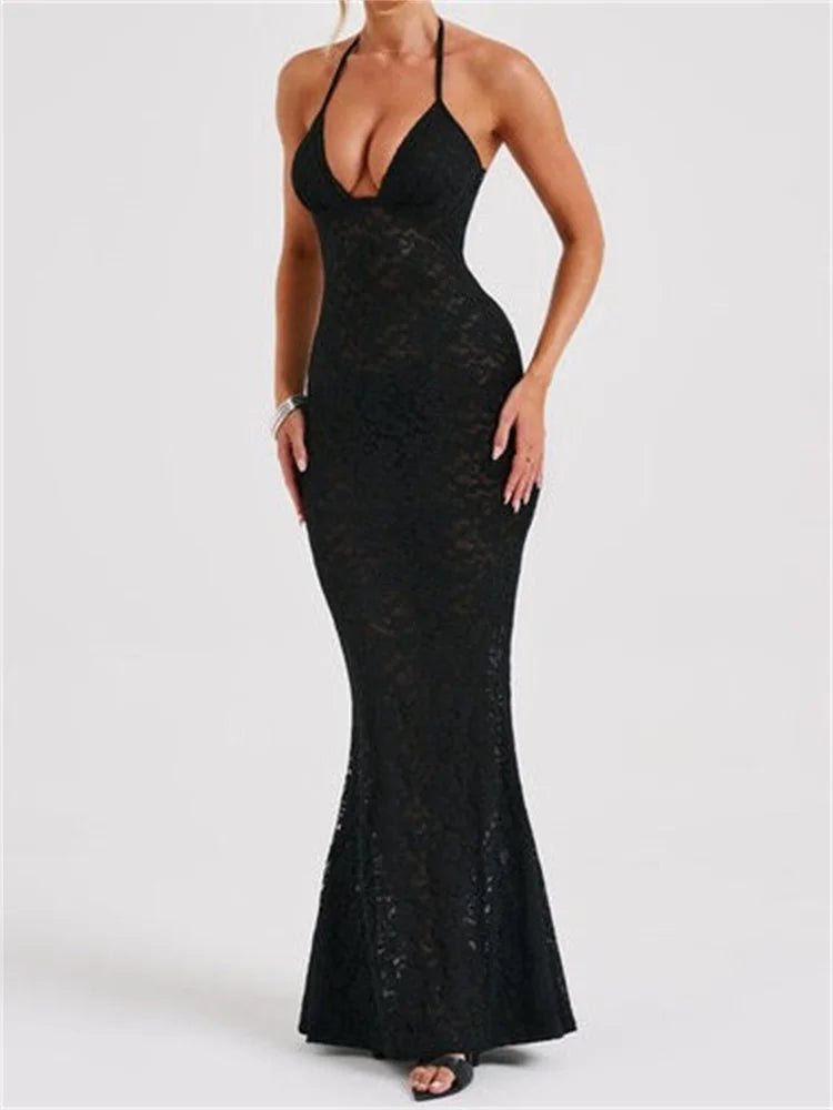 Off-Shoulder Deep V-Neck Lace Sheer Mesh Dress