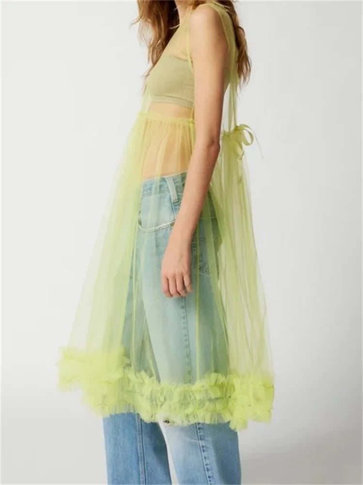 Sheer Mesh Lace Trim Cold Shoulder Bow Strap Empire Waist Midi Dress - View 6