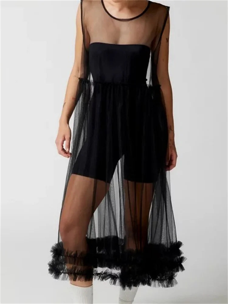Sheer Mesh Lace Trim Cold Shoulder Bow Strap Empire Waist Midi Dress - View 3