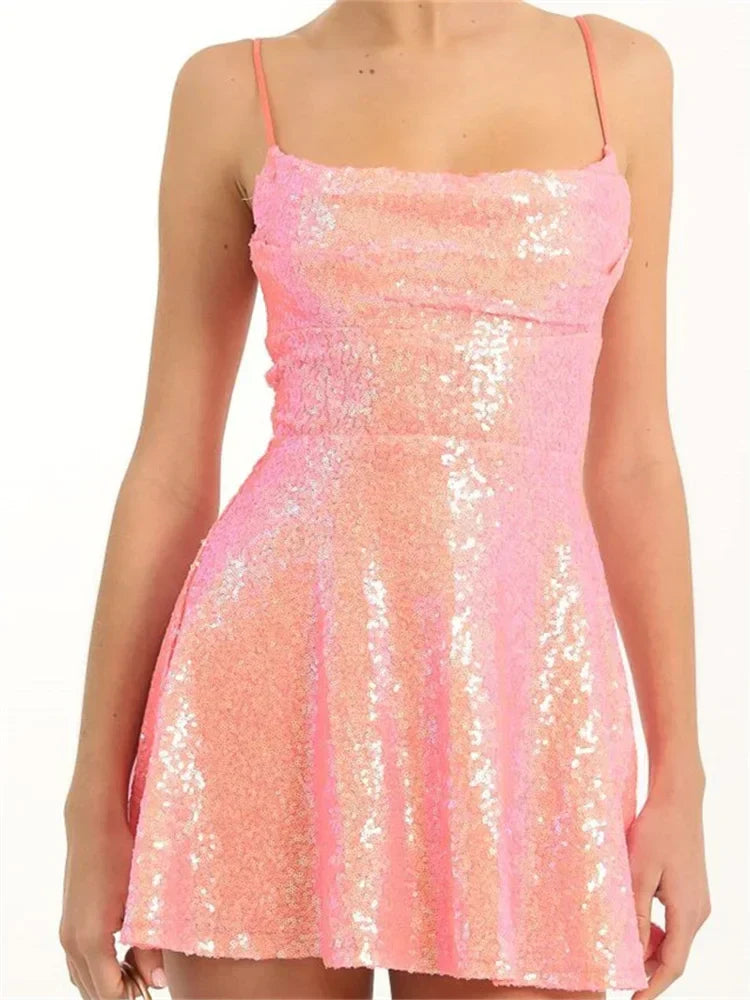 Sequin Square Neck Spaghetti Strap A-Line Mini Dress - View 9