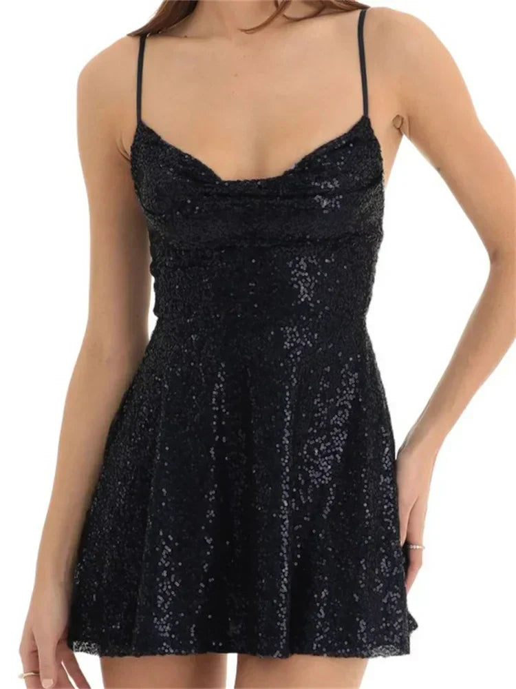 Sequin Square Neck Spaghetti Strap A-Line Mini Dress - View 12