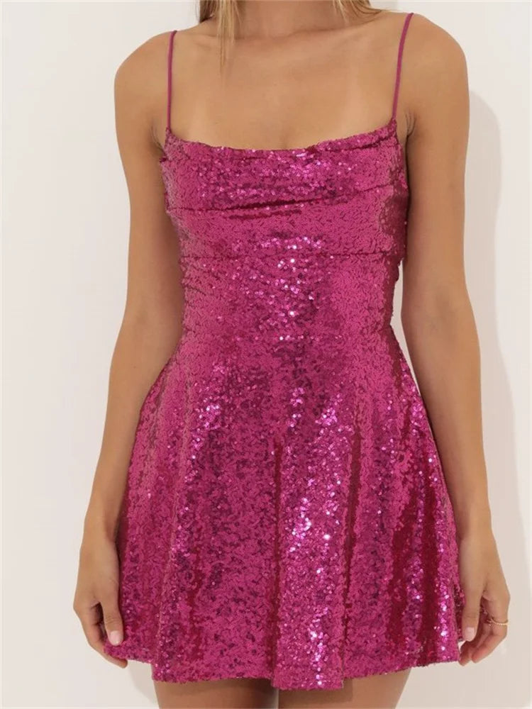 Sequin Square Neck Spaghetti Strap A-Line Mini Dress - View 8