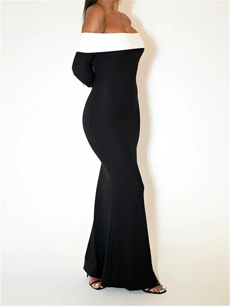 Off Shoulder Long Sleeve Contrast Trim Fishtail Maxi Gown 4