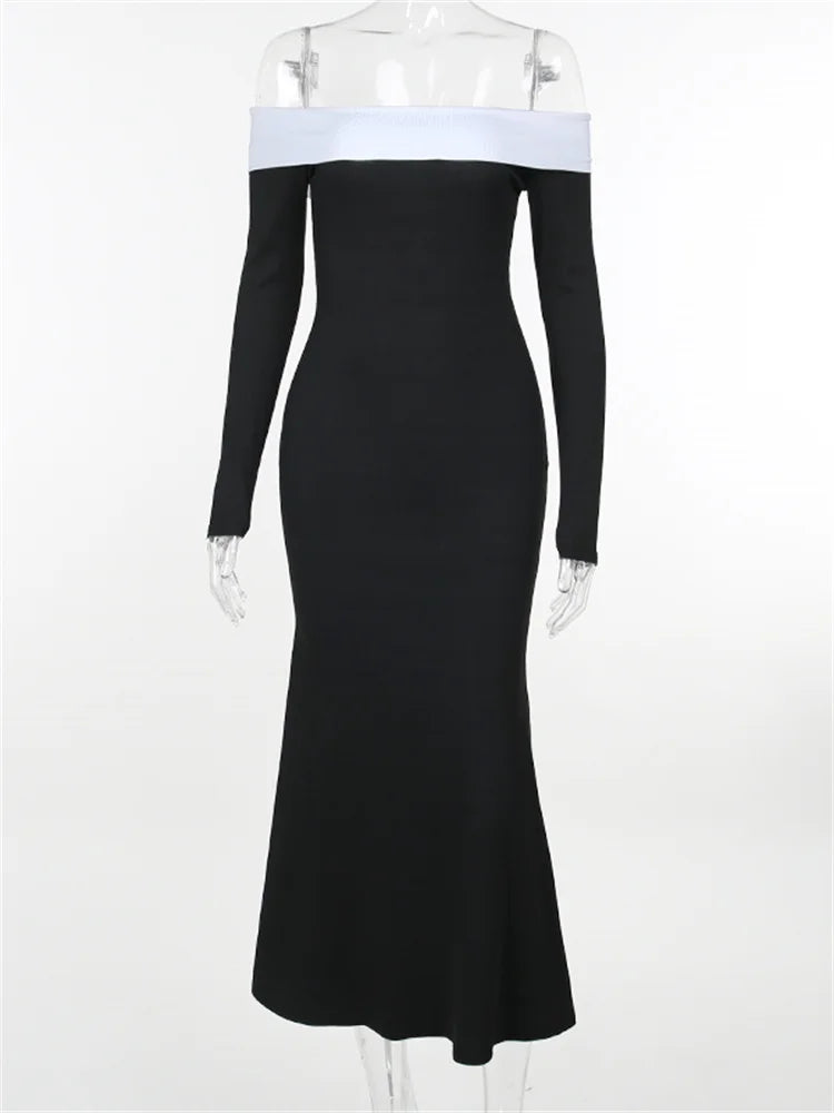 Off Shoulder Long Sleeve Contrast Trim Fishtail Maxi Gown 5