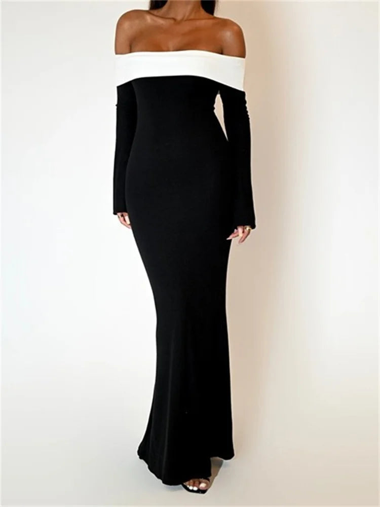Off Shoulder Long Sleeve Contrast Trim Fishtail Maxi Gown 2