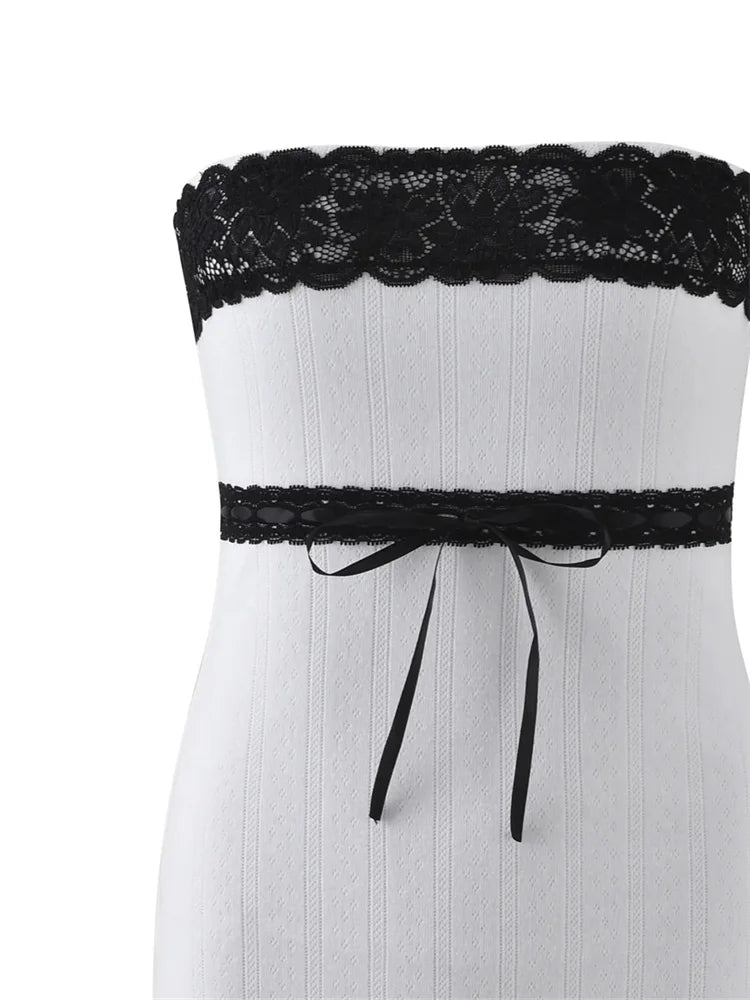 Off Shoulder Lace Trim Tube Mini Dresses - View 5