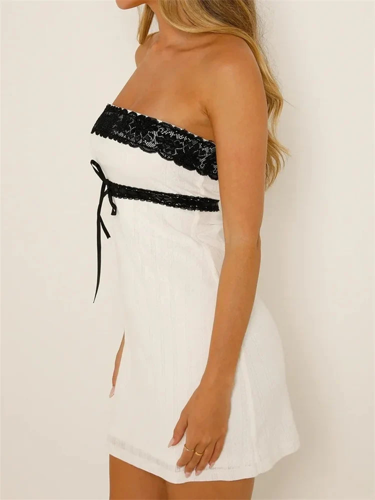 Off Shoulder Lace Trim Tube Mini Dresses - View 2