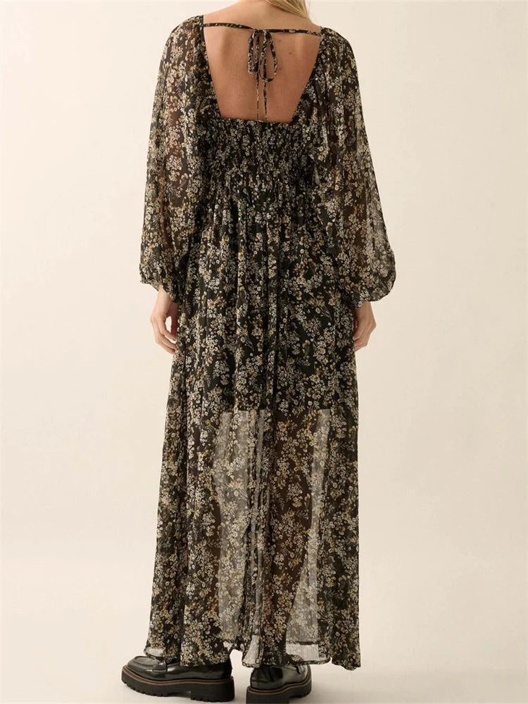 High-Waist Vintage Washed Floral Dress