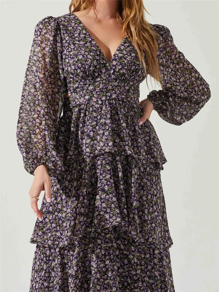 V-Neck Long Sleeve Ditsy Floral Tiered Ruffle Maxi Dress 6