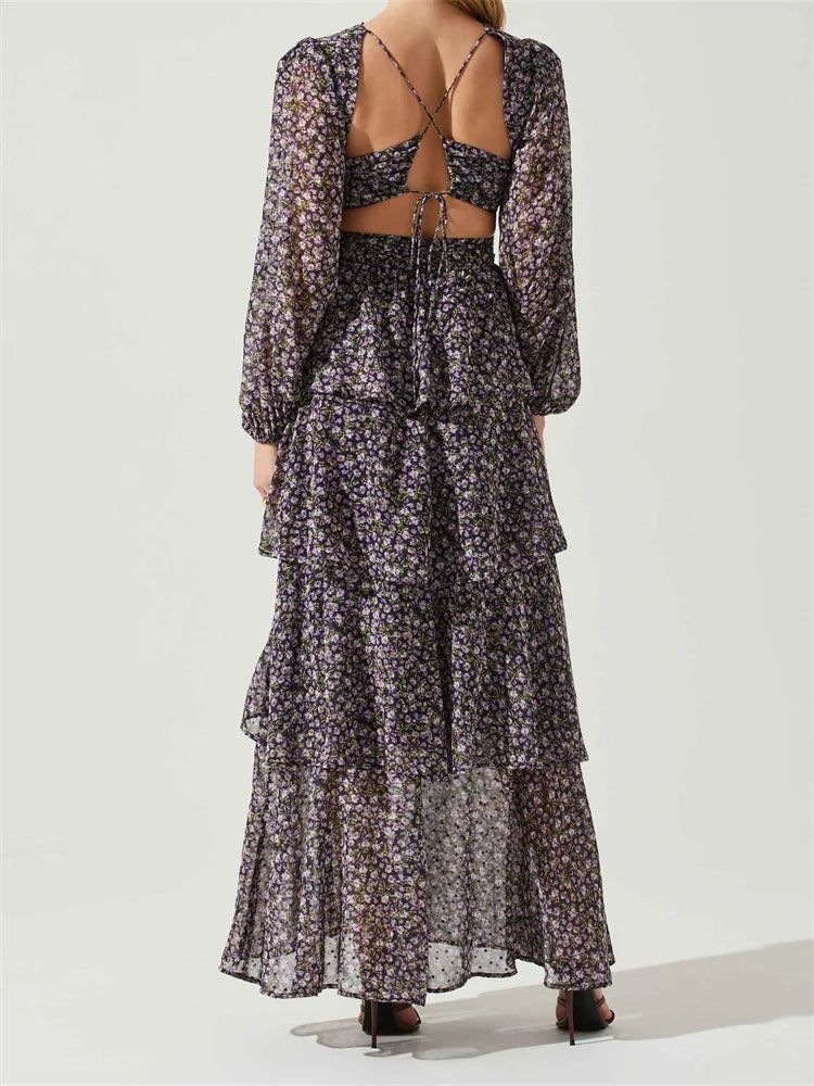 V-Neck Long Sleeve Ditsy Floral Tiered Ruffle Maxi Dress 2