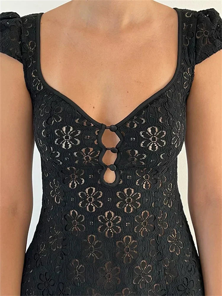 Lace Floral V-Neck A-Line Mini Dress - View 2