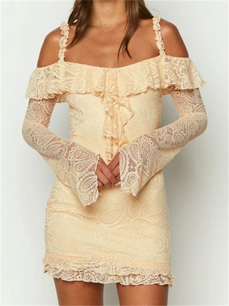 Romantic Lace OffShoulder Ruffled Mini Dresses - View 3