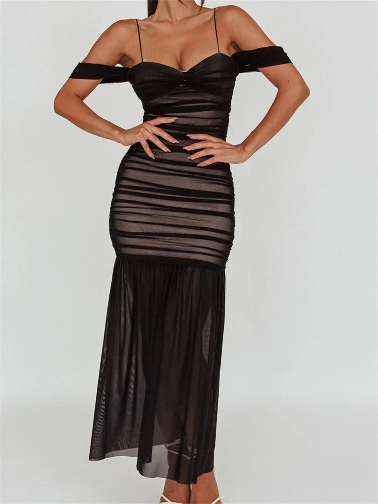 Backless Off-the-Shoulder Sheer Mesh Ruched Dress