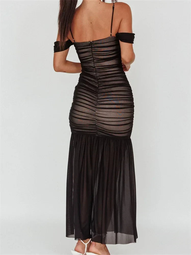 Backless Off-the-Shoulder Sheer Mesh Ruched Dress