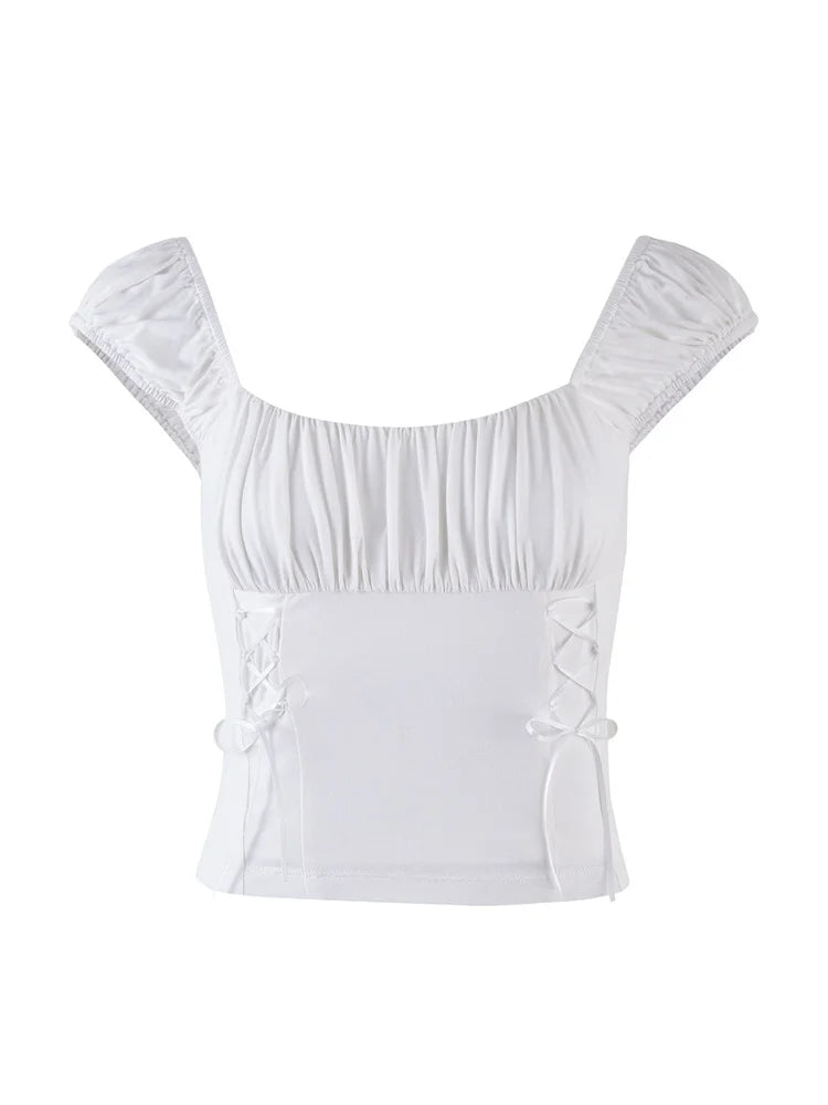 Square Neck Cap Sleeve Ruched Lace Up Crop Top 6