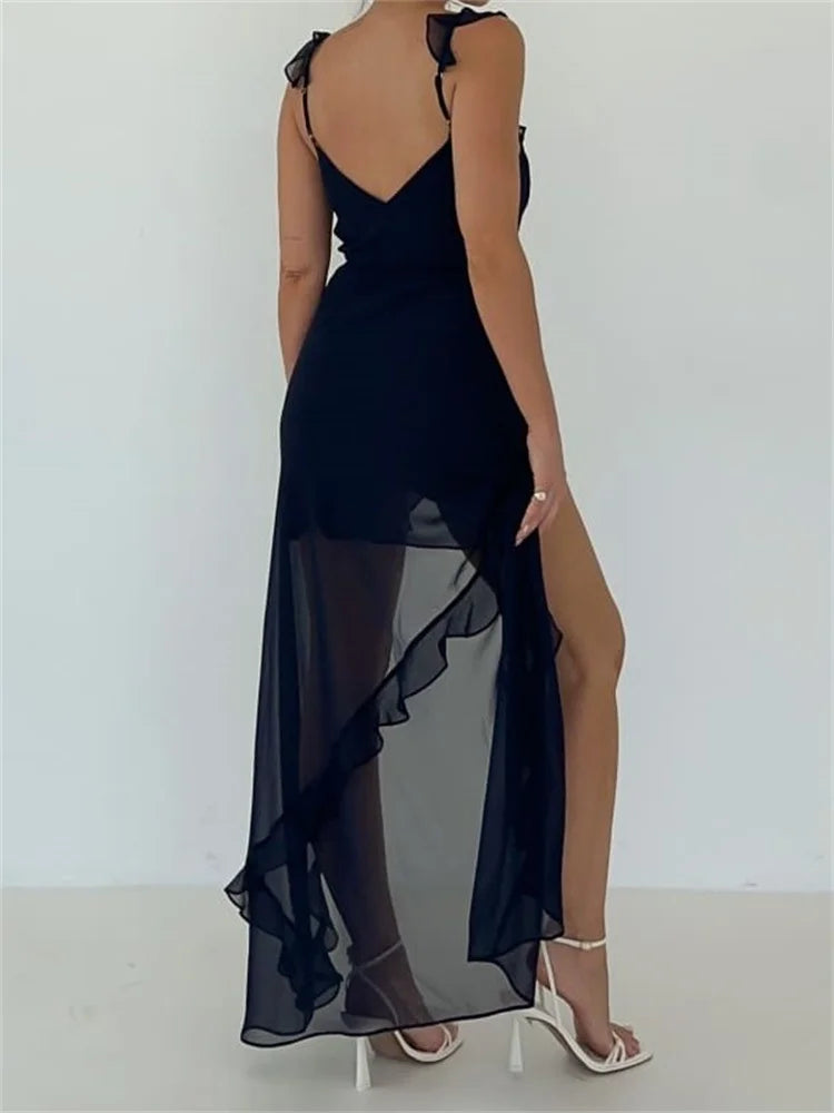 Ruffled High-Slit V-Neck Sleeveless Party Dress