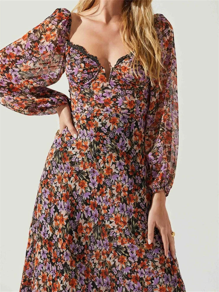 Vintage Washed Backless Deep V-Neck Floral Midi Dress