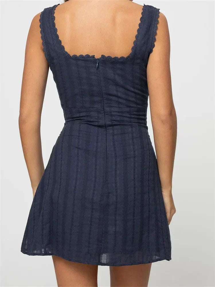 Lace Trim Aline Solid Color Square Neck Mini Dresses - View 6
