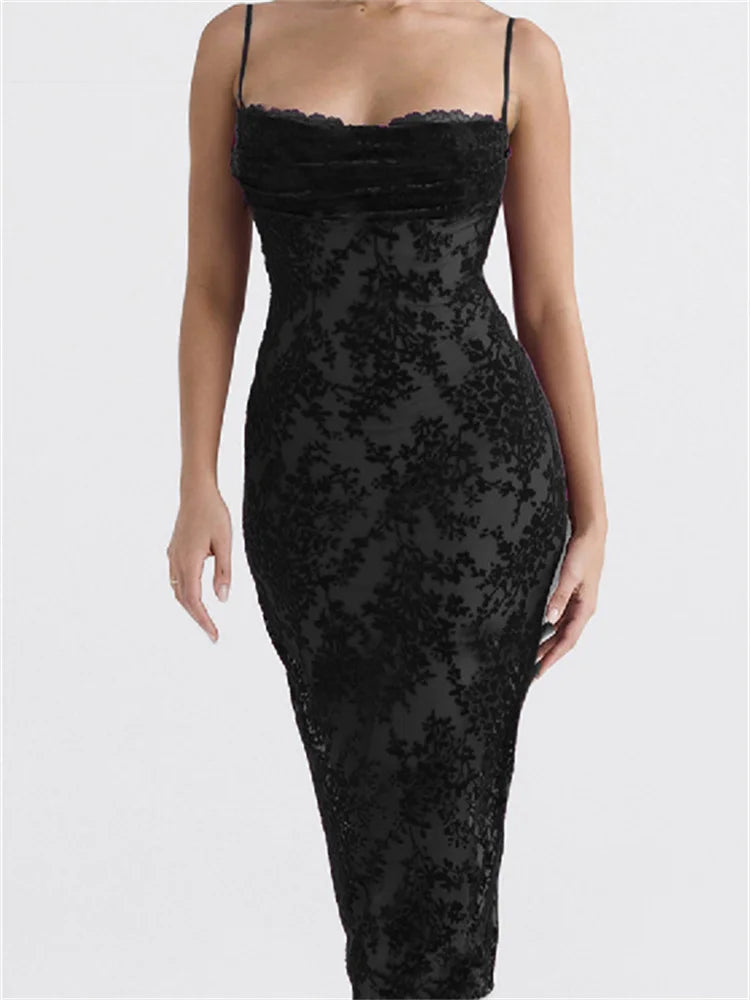 Floral Mesh Spaghetti Strap Bodycon Midi Dress - View 2