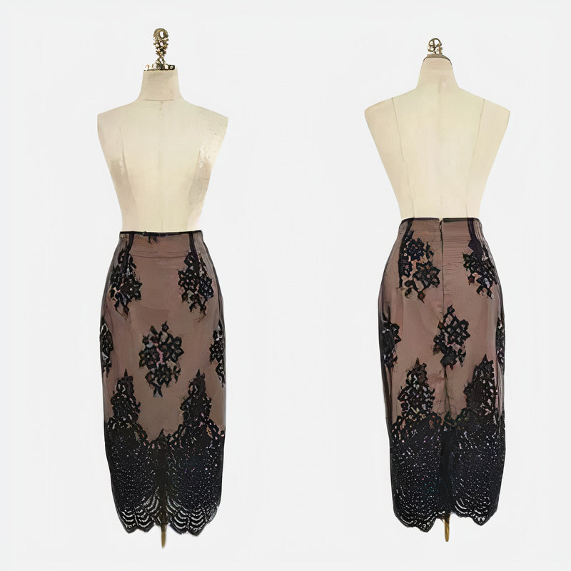 Lace Round Neck Long Sleeve Sheer Bodycon Midi Dress - View 6