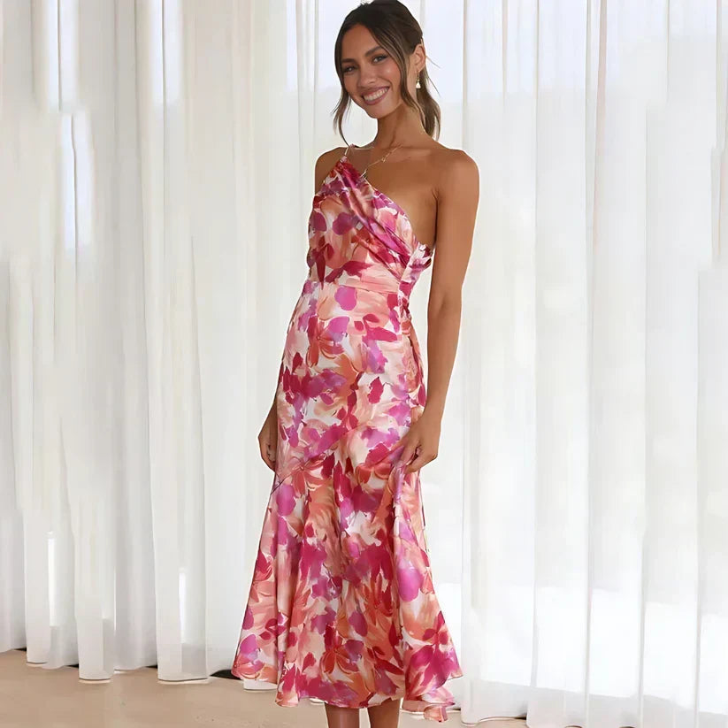 Floral Print One Shoulder Ruched Bodice Mermaid Midi Dress - View 3