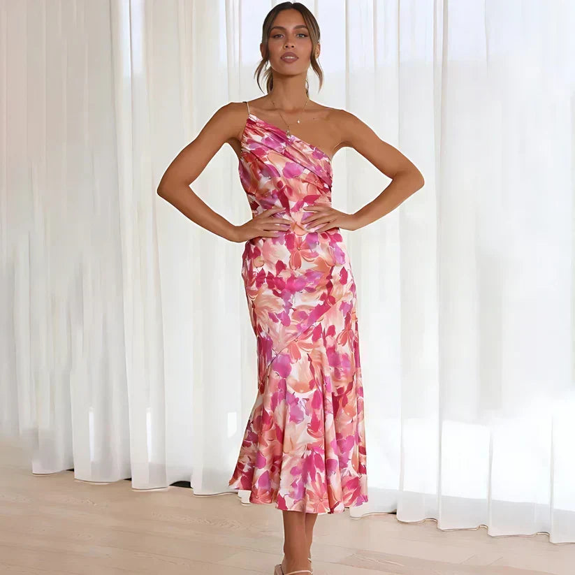 Floral Print One Shoulder Ruched Bodice Mermaid Midi Dress - View 2