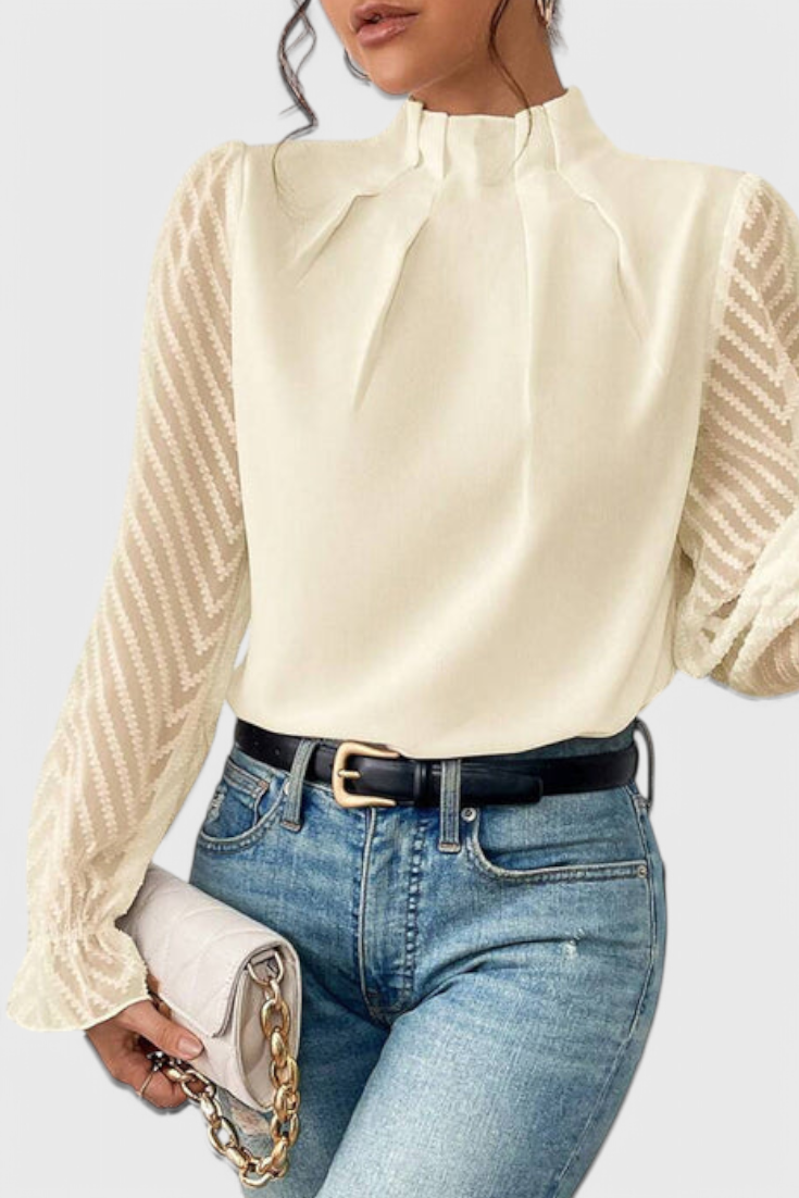 Mock Neck Sheer Lace Long Sleeve Ruffle Blouse 7