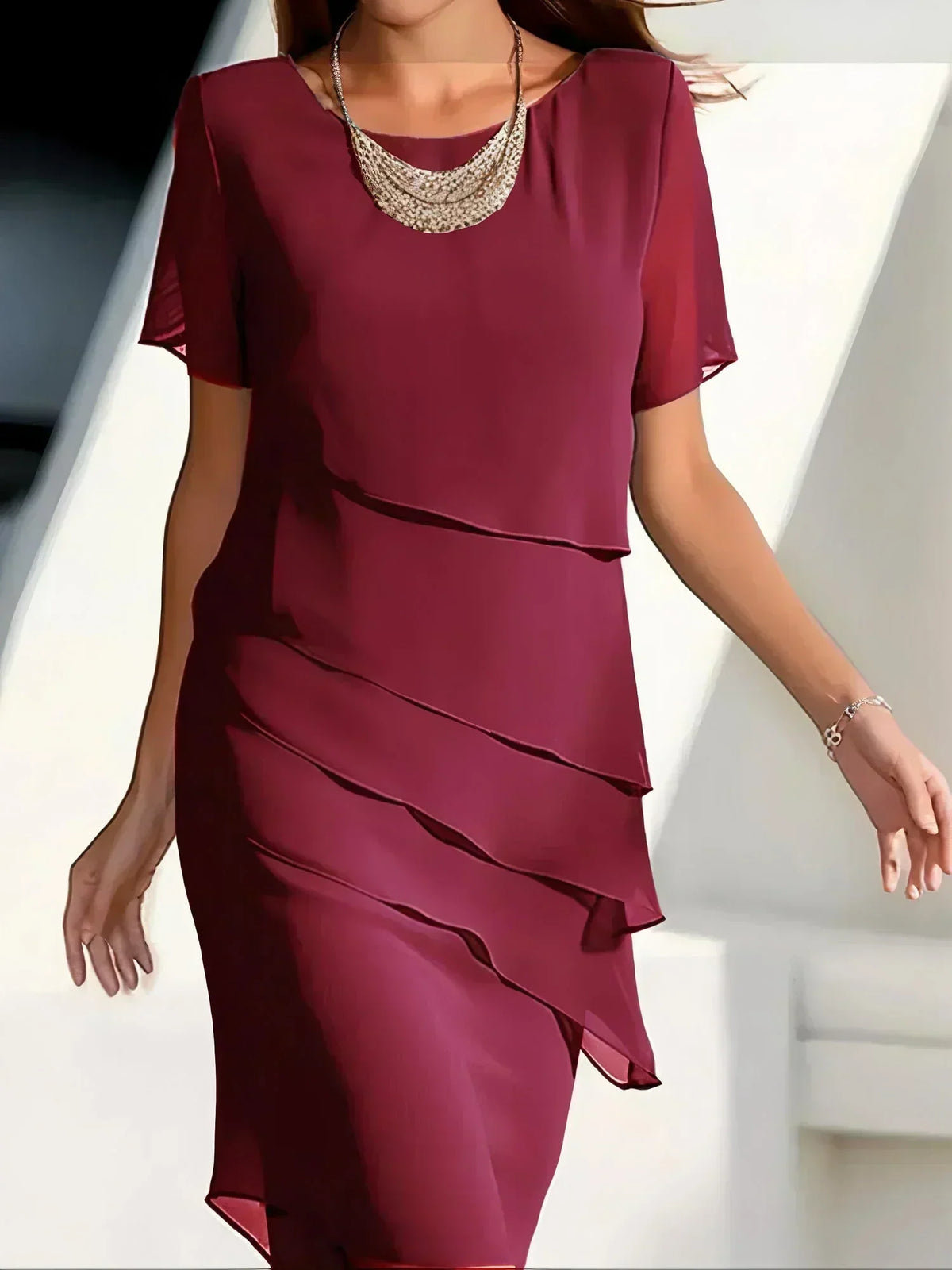 Sheer Flutter Sleeve Diagonal Tier Ruffle Sheath Knee Length Dress - View 4
