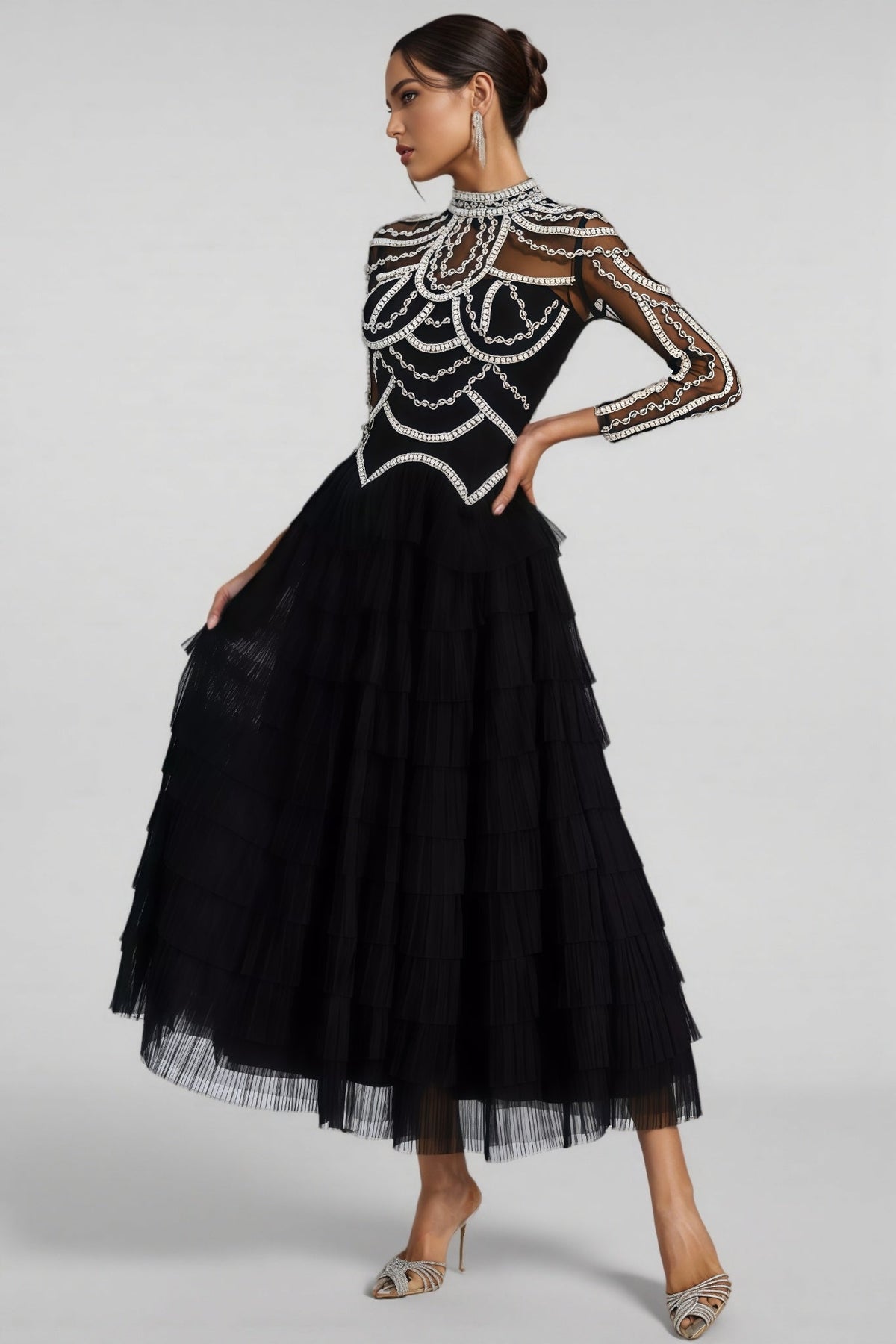 Beaded Mesh Long Sleeve Mock Neck Tiered Tulle Maxi Gown - View 6