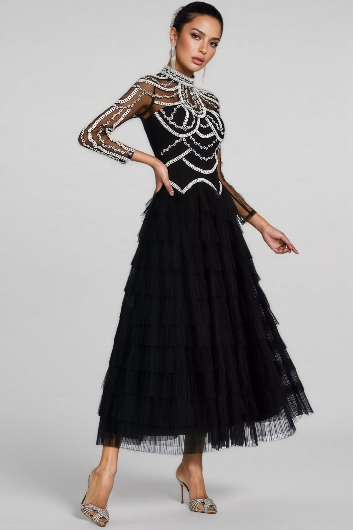 Beaded Mesh Long Sleeve Mock Neck Tiered Tulle Maxi Gown - View 5
