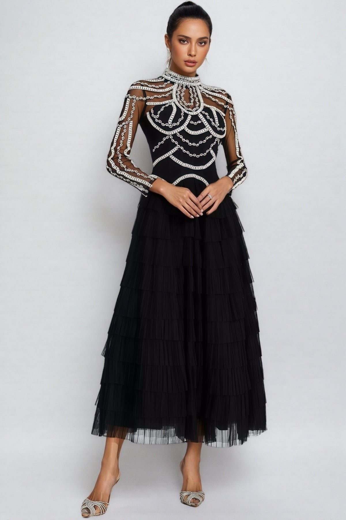 Beaded Mesh Long Sleeve Mock Neck Tiered Tulle Maxi Gown - View 4