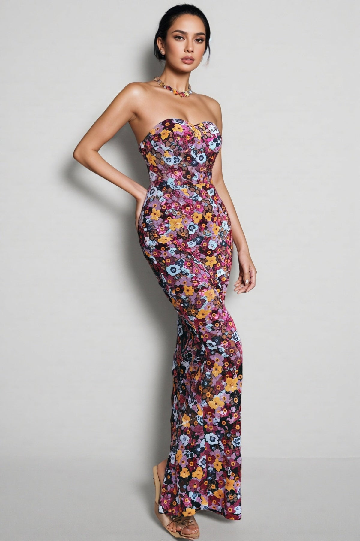 Floral Sequin Strapless Sweetheart Column Maxi Dress - View 4