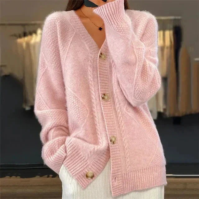 V-Neck Button Front Cable Knit Oversized Cardigan 3