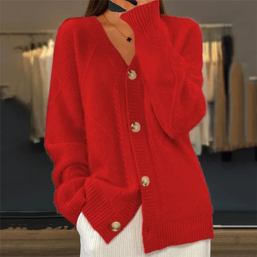 Cable Knit Button Front Round Neck Oversized Cardigan 6