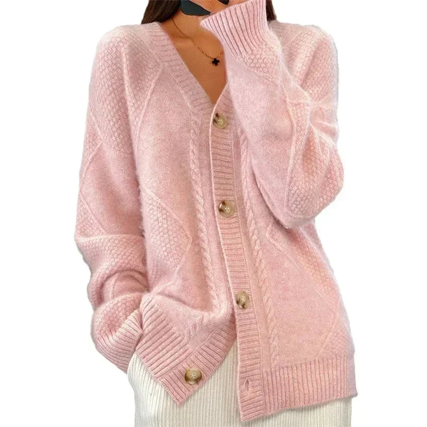 V-Neck Button Front Cable Knit Oversized Cardigan 9