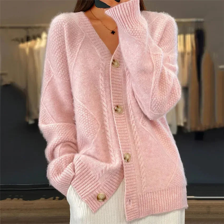 Cable Knit Button Front Round Neck Oversized Cardigan 5