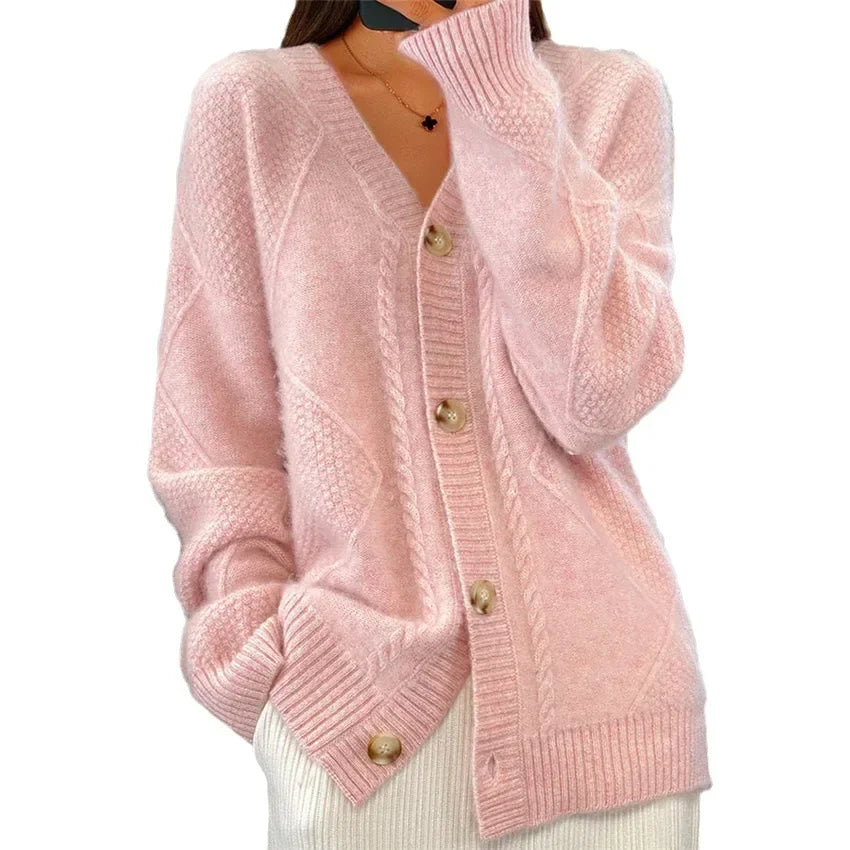 Cable Knit Button Front Round Neck Oversized Cardigan 9