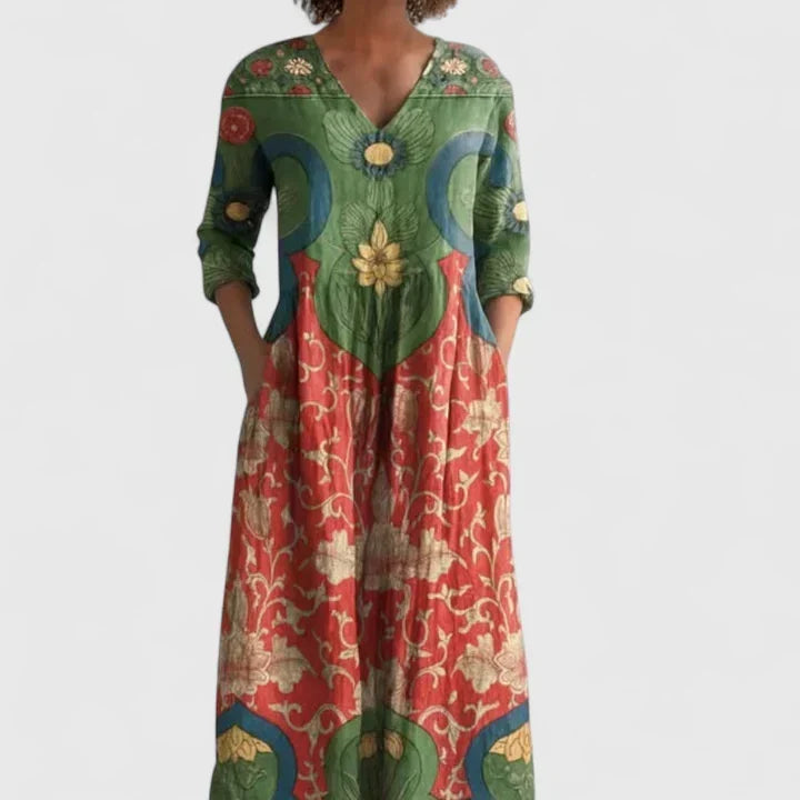 Ornate Floral Print V-Neck Half Sleeve Pocket Midi Dress 4