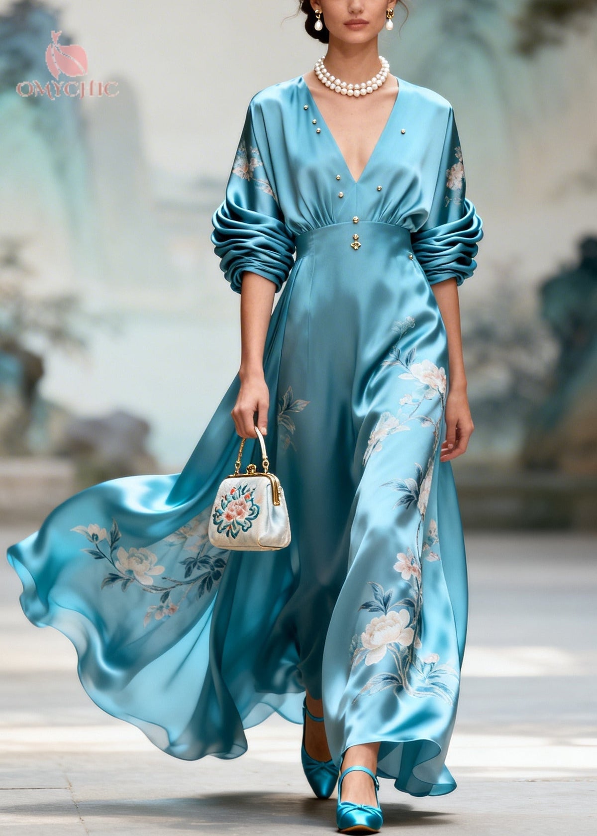 Satin Floral Embroidery Deep V-Neck Ruched A-Line Maxi Gown - View 5