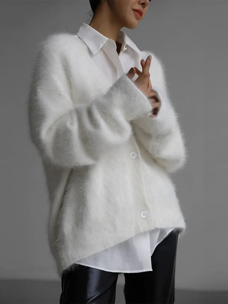 Furry Button Long Sleeve Cardigan White / S