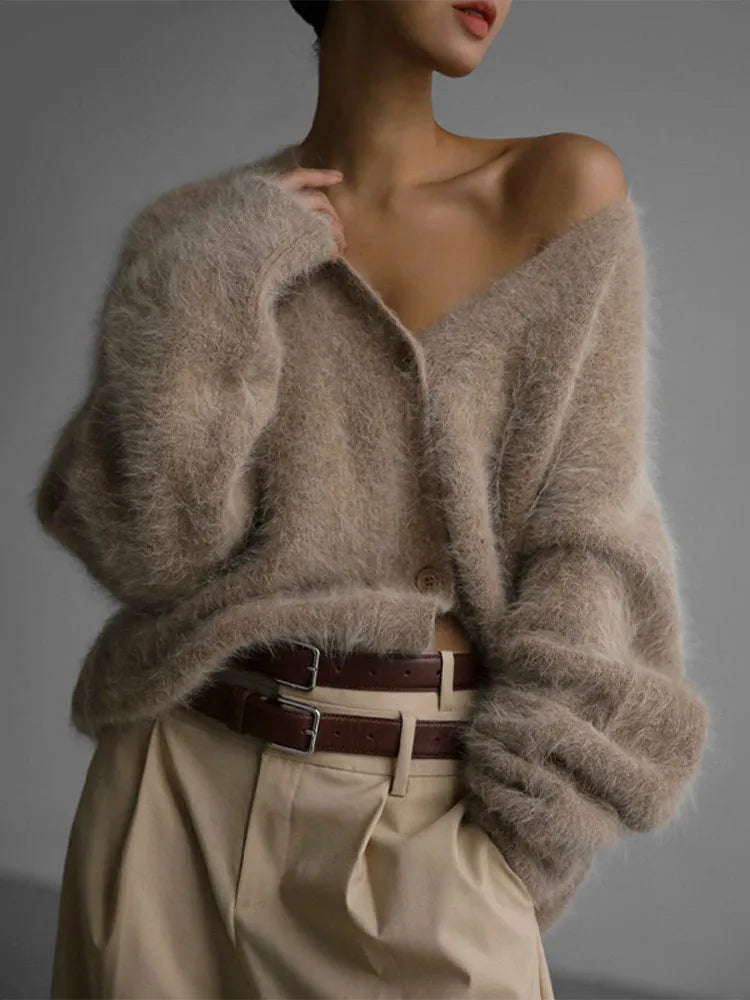 Furry Button Long Sleeve Cardigan Khaki / S