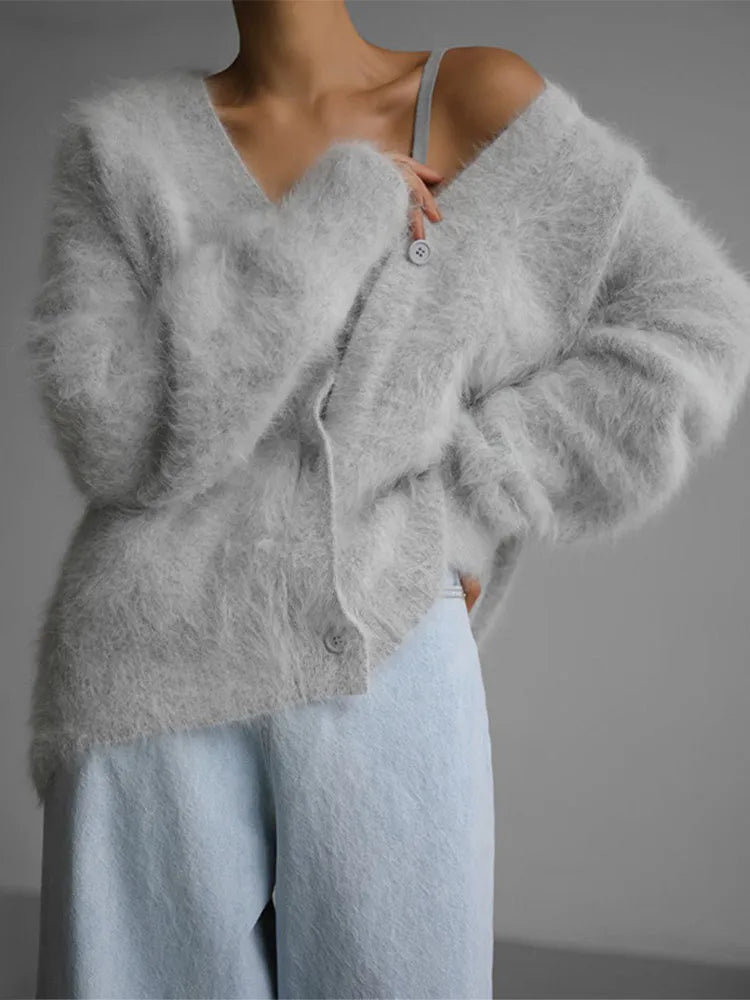 Furry Button Long Sleeve Cardigan Light gray / S
