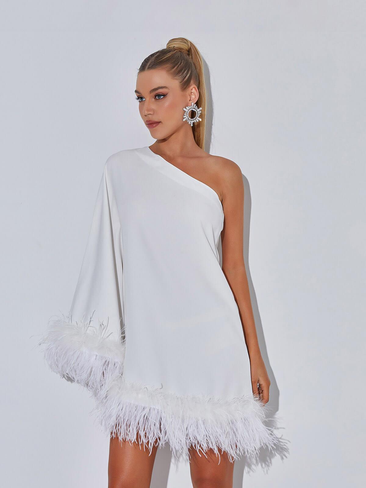 Ceridwen One Shoulder Feather Mini Dress In White - View 4